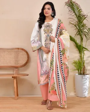 Elegant Embroidered Lawn Suit – Peach & Off-White