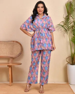 Boho Bloom Printed Co-Ord Set – Mauve & Blue