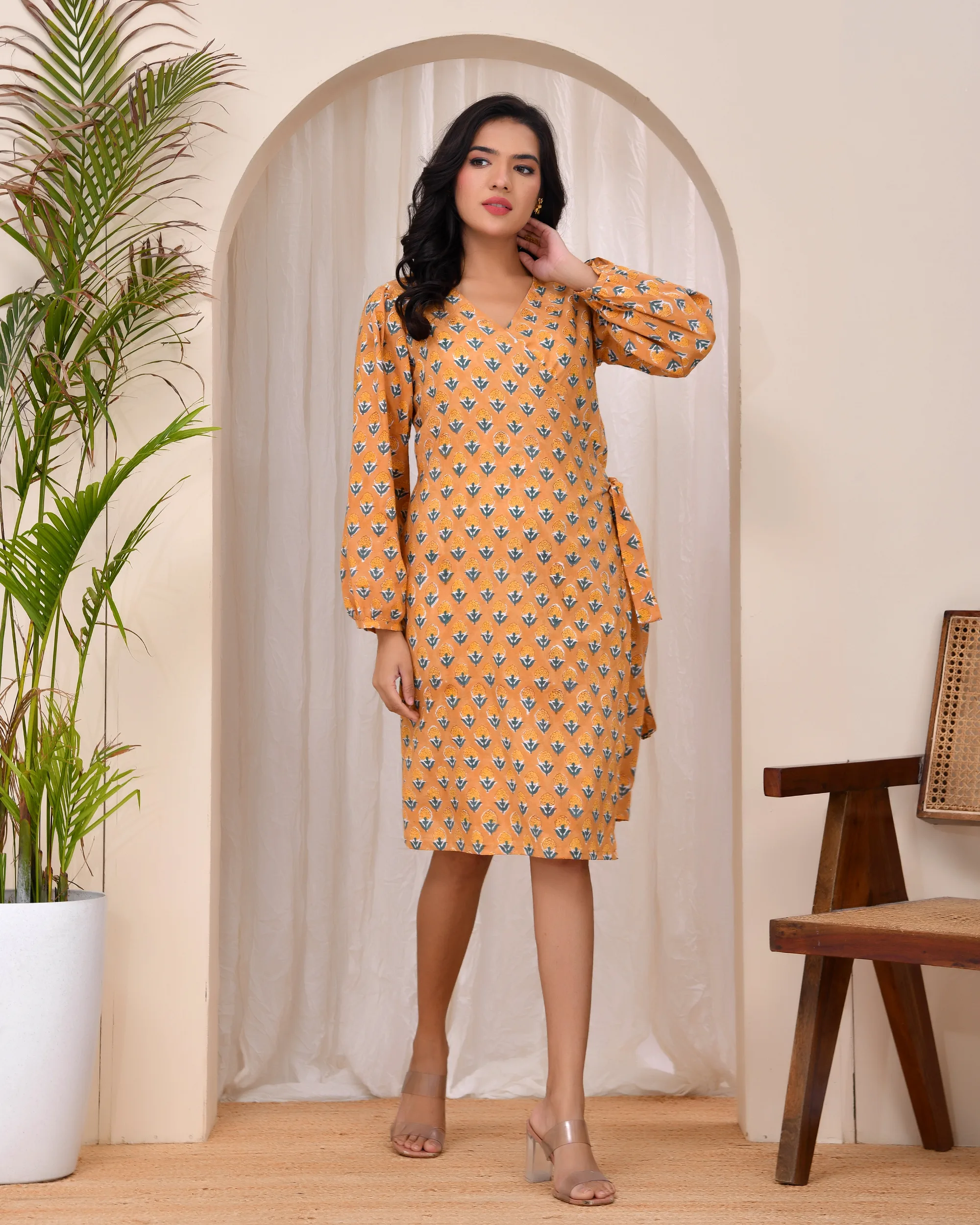 Ochre Mustard Wrap Dress with Handblock Print 3 Ochre Mustard Wrap Dress with Handblock Print - Image 3