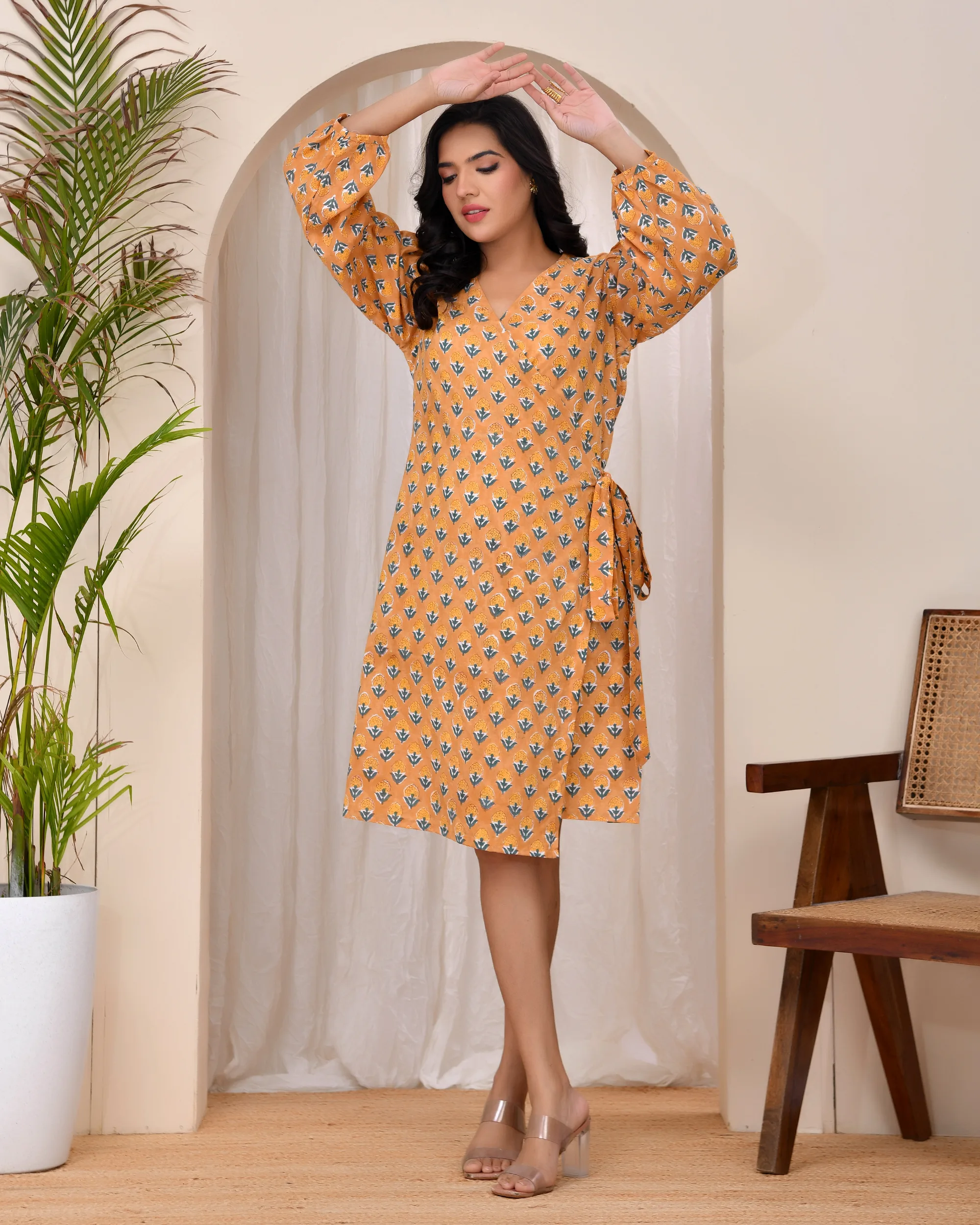 Ochre Mustard Wrap Dress with Handblock Print 7 Ochre Mustard Wrap Dress with Handblock Print - Image 7