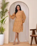 Ochre Mustard Wrap Dress with Handblock Print