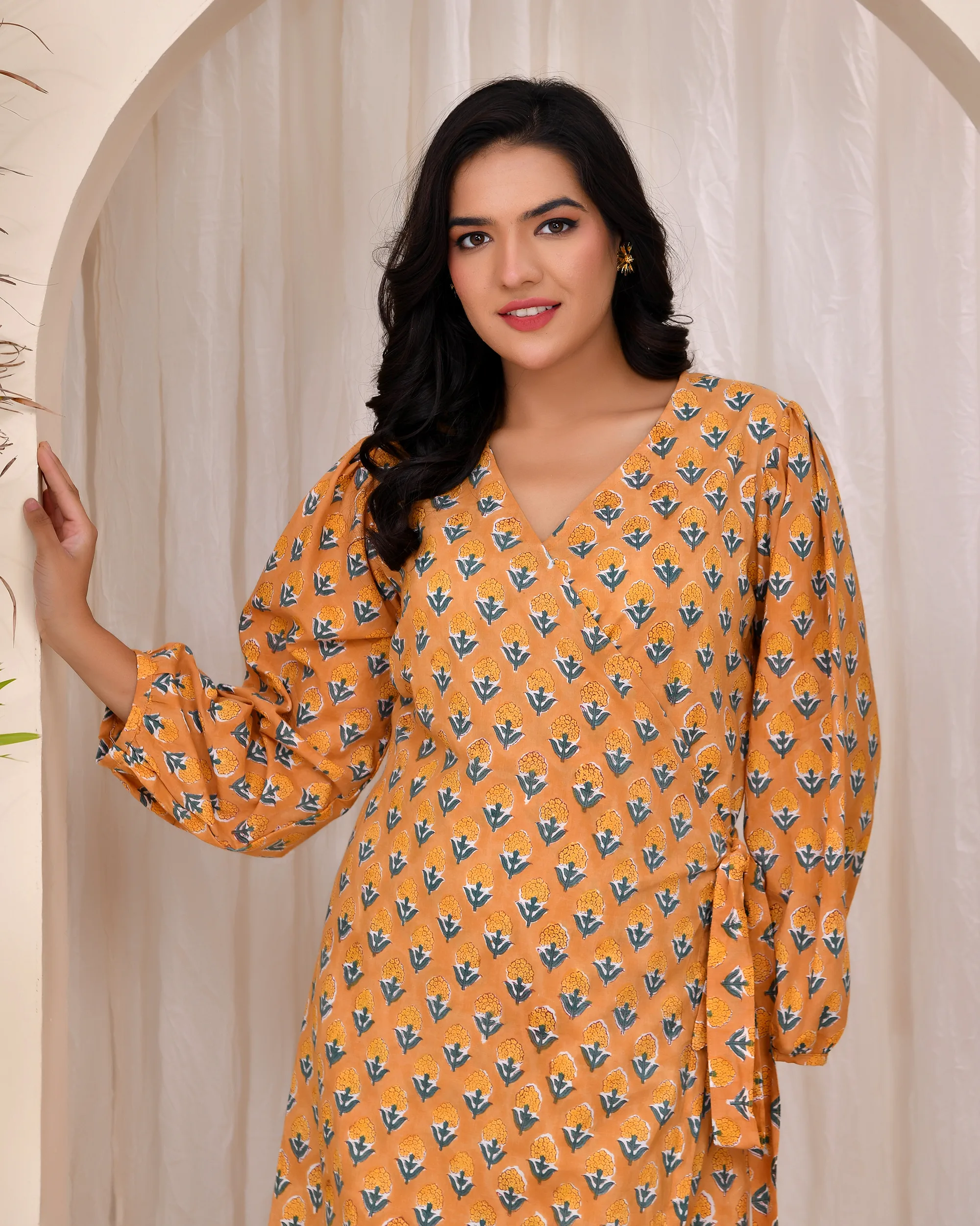 Ochre Mustard Wrap Dress with Handblock Print 5 Ochre Mustard Wrap Dress with Handblock Print - Image 5