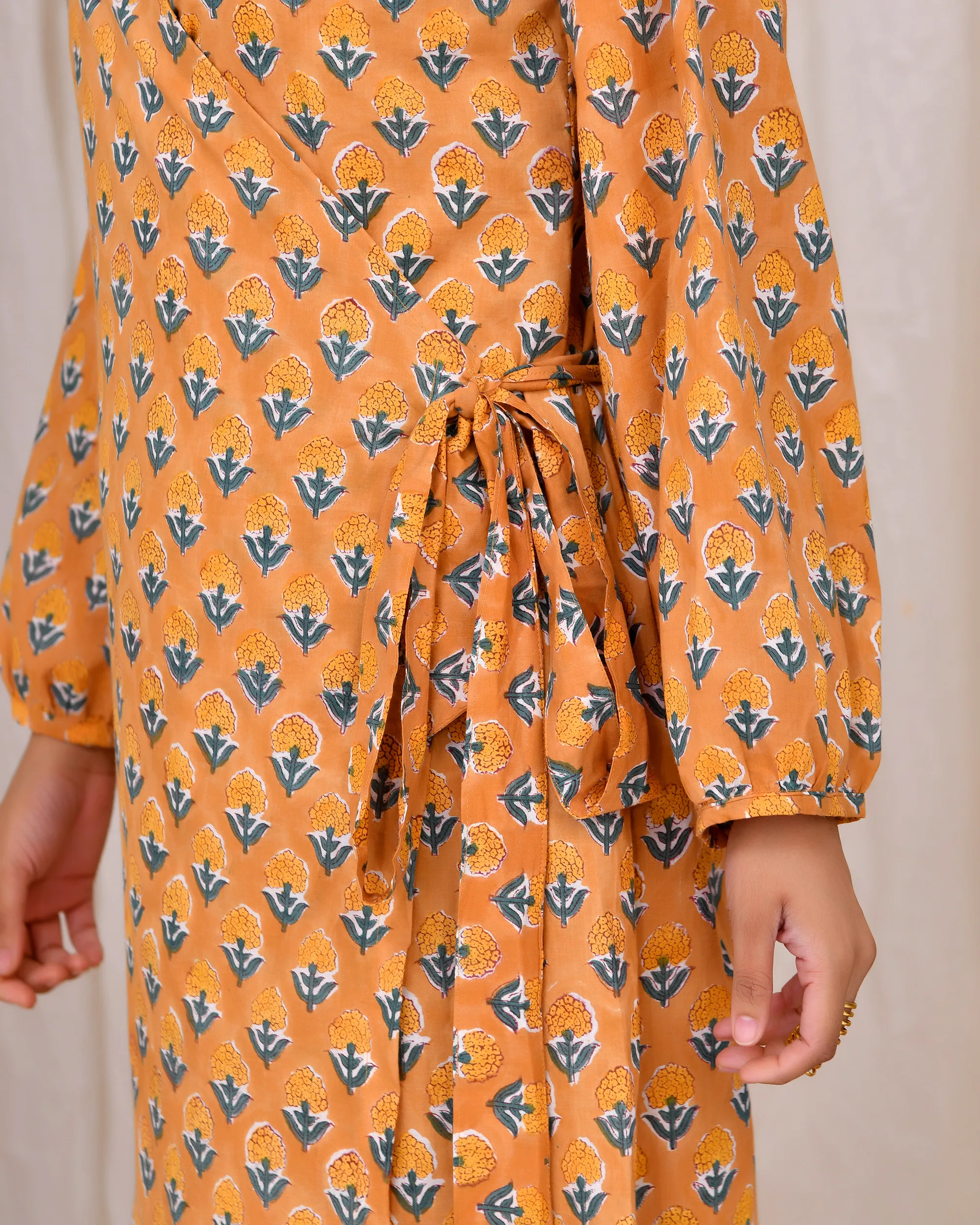 Ochre Mustard Wrap Dress with Handblock Print 6 Ochre Mustard Wrap Dress with Handblock Print - Image 6