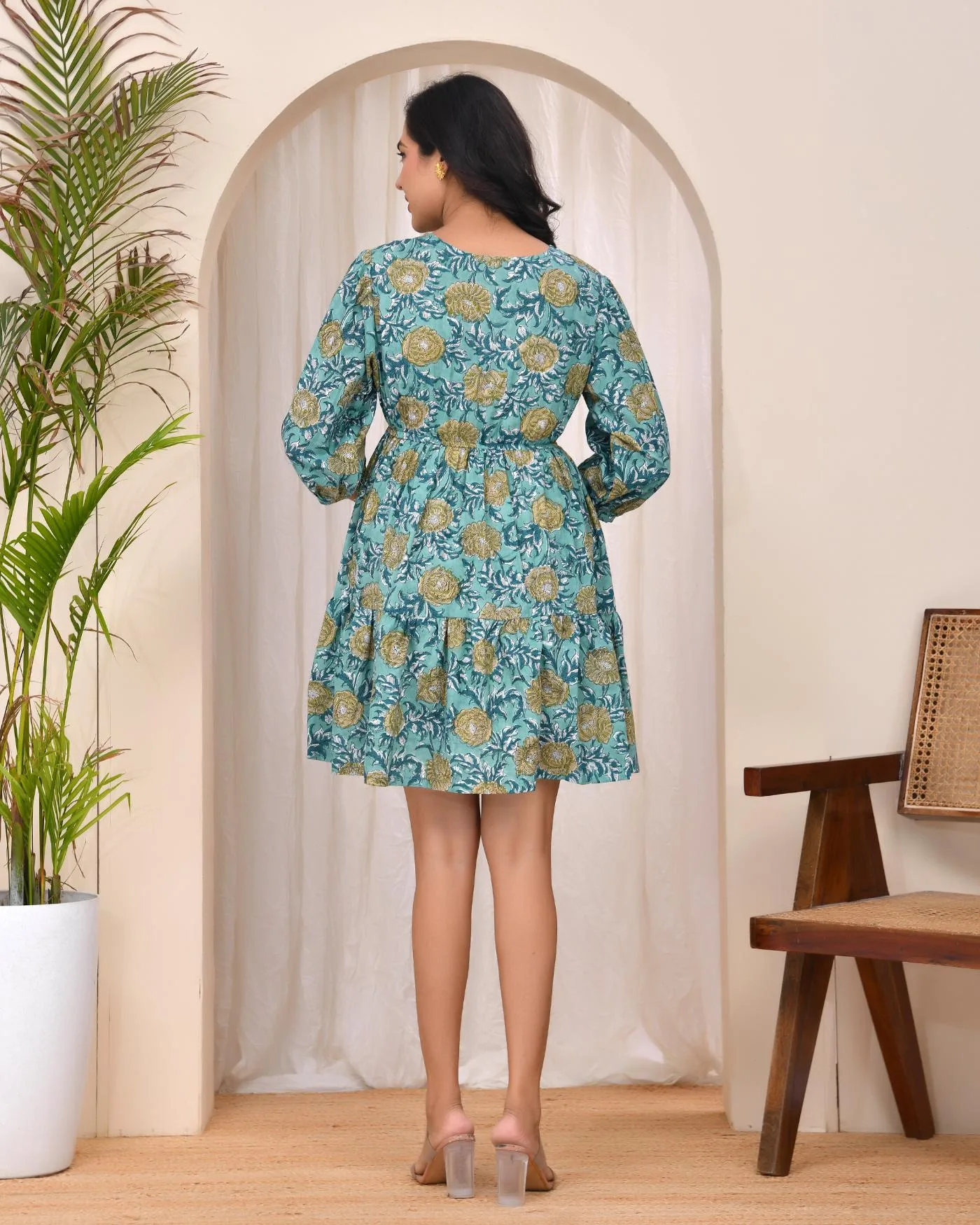 Teal Floral Handblock Mini Dress 2 Teal Floral Handblock Mini Dress - Image 2