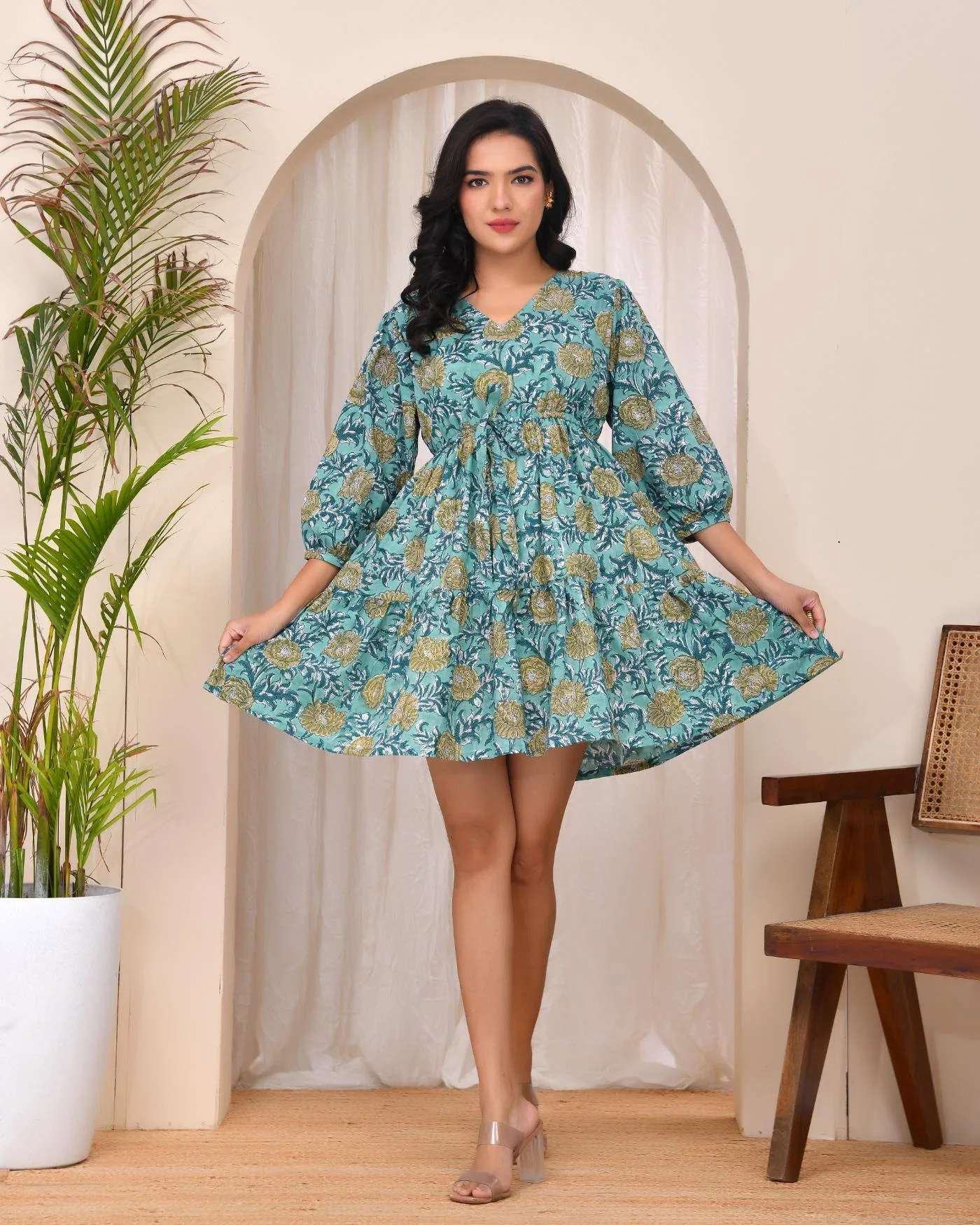 Teal Floral Handblock Mini Dress 5 Teal Floral Handblock Mini Dress - Image 5