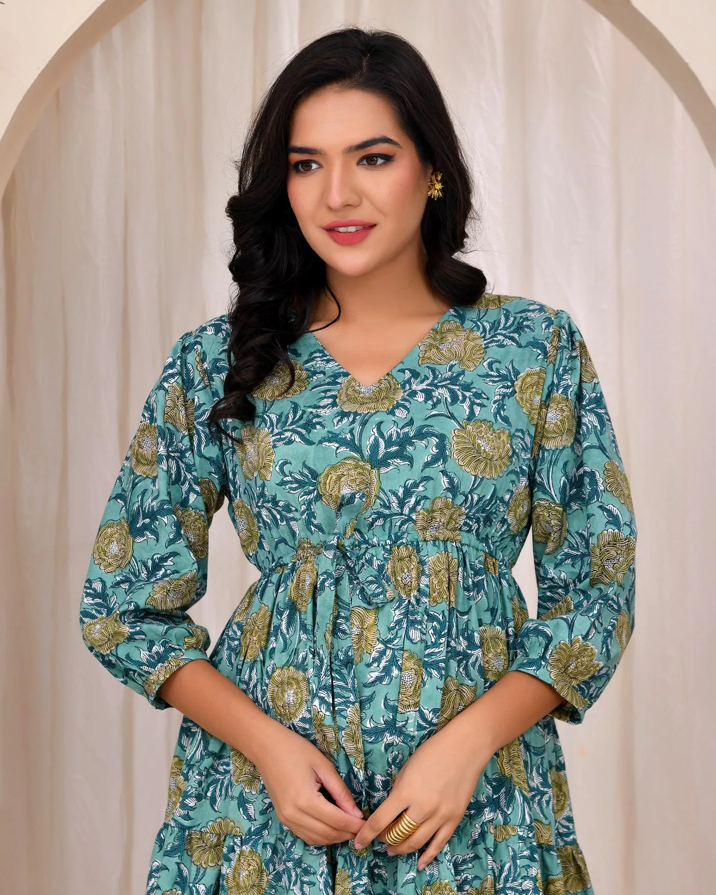 Teal Floral Handblock Mini Dress 7 Teal Floral Handblock Mini Dress - Image 7