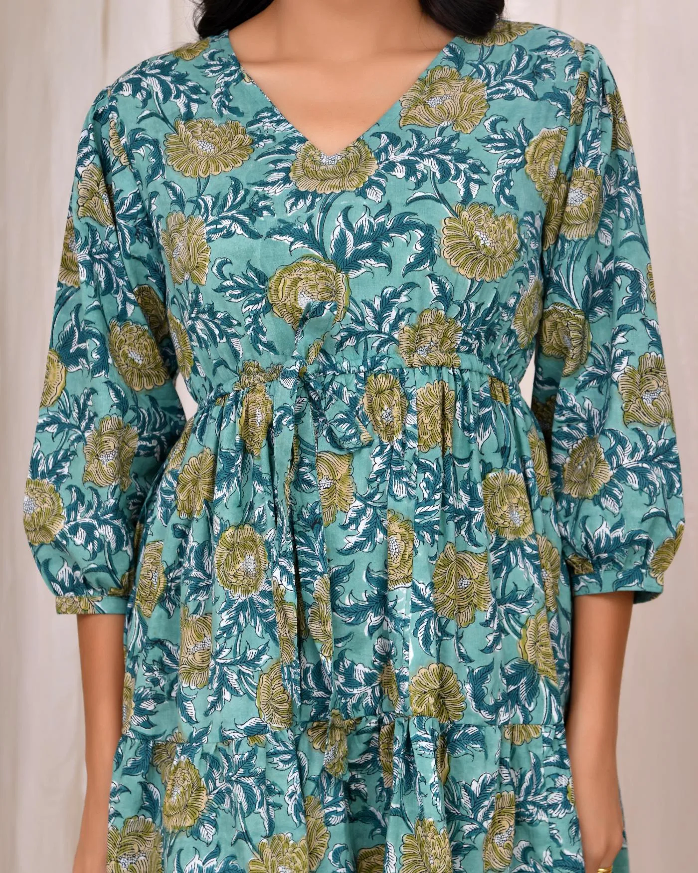 Teal Floral Handblock Mini Dress 4 Teal Floral Handblock Mini Dress - Image 4