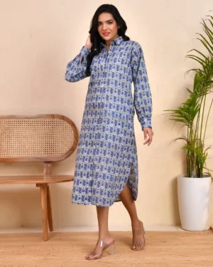 Blue Bloom Collared Midi Dress – Handblock Inspired