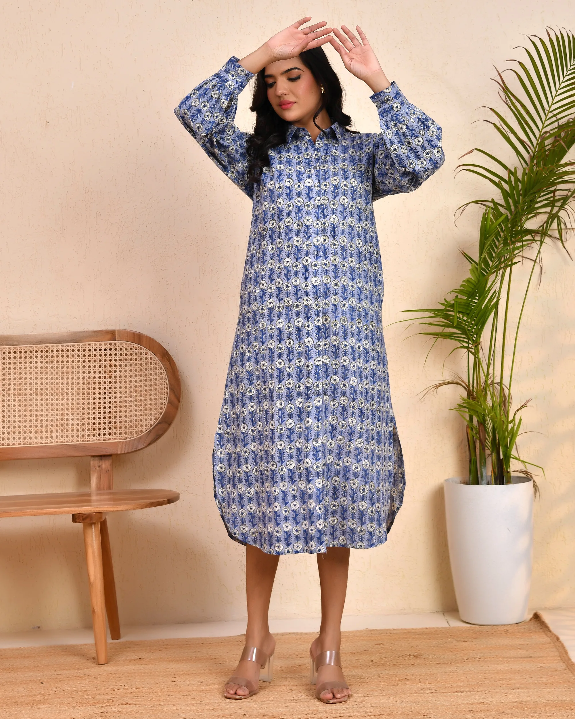 Blue Bloom Collared Midi Dress – Handblock Inspired 2 Blue Bloom Collared Midi Dress – Handblock Inspired - Image 2