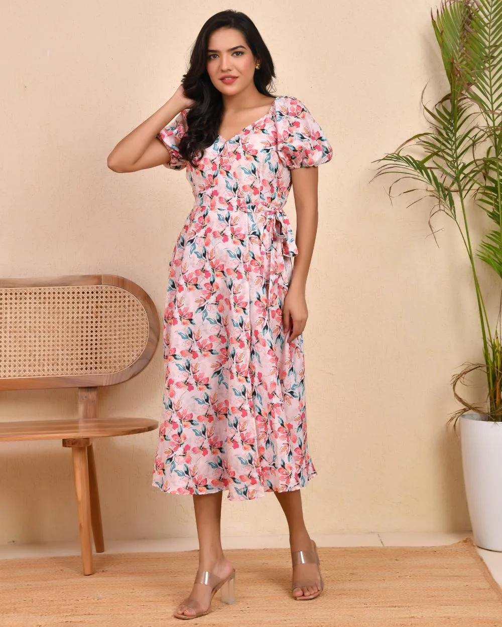 Blush Blossom Puff Sleeve Digital Print Midi Dress 1 Blush Blossom Puff Sleeve Digital Print Midi Dress