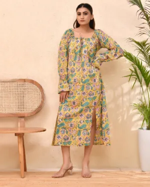 Sunlit Meadow Floral Dress – Mustard Yellow