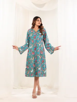 Tropical Bloom Cotton Dress – Teal Blue