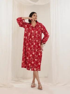 Crimson Fern Shirt Dress – Belted Cotton Elegance