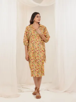 Saffron Bloom Wrap Dress – Yellow & Pink