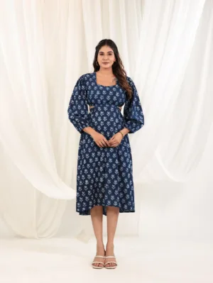 Midnight Petals Cut-Out Cotton Dress – Indigo