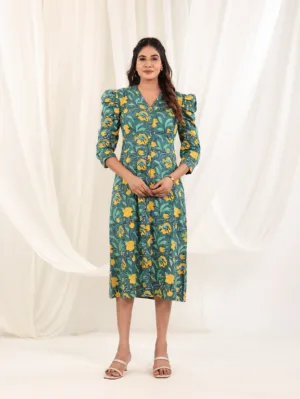 Teal Meadow Button-Down Dress