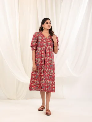 Scarlet Garden Gathered Midi Dress – Cotton Comfort
