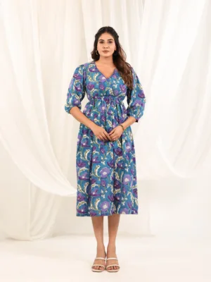 Ocean Bloom Empire Midi Dress – Blue & Purple