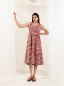 Red & Brown Handblock Printed Cotton Midi Dress