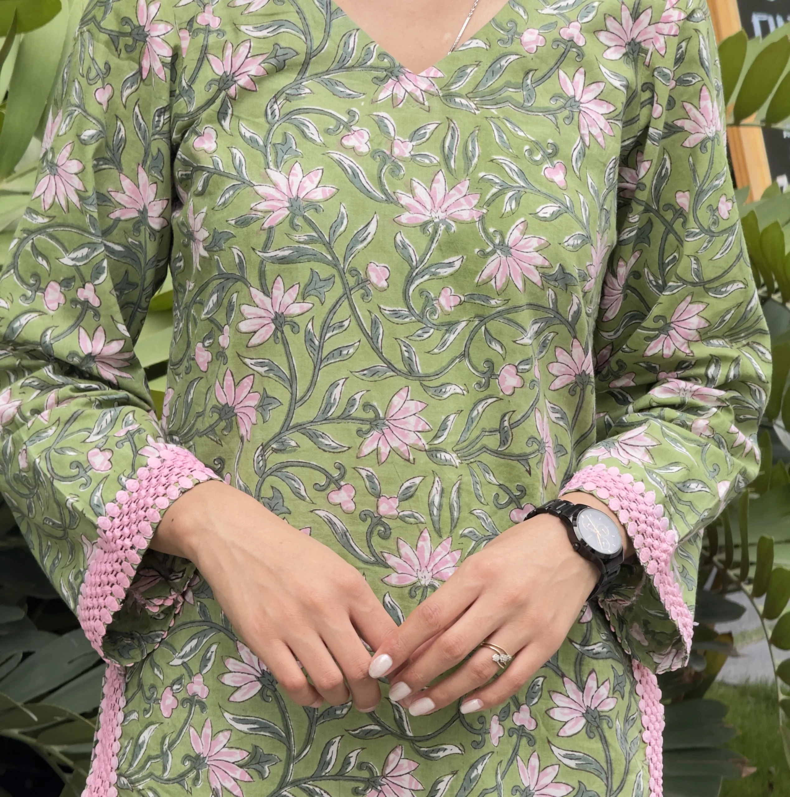 Olive Green Blossom Hand Block Printed Cotton Short Kurta 6 Olive Green Blossom Hand Block Printed Cotton Short Kurta