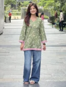 Olive Green Blossom Hand Block Printed Cotton Short Kurta