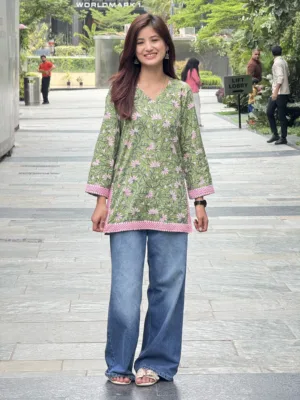 Olive Green Blossom Hand Block Printed Cotton Short Kurta