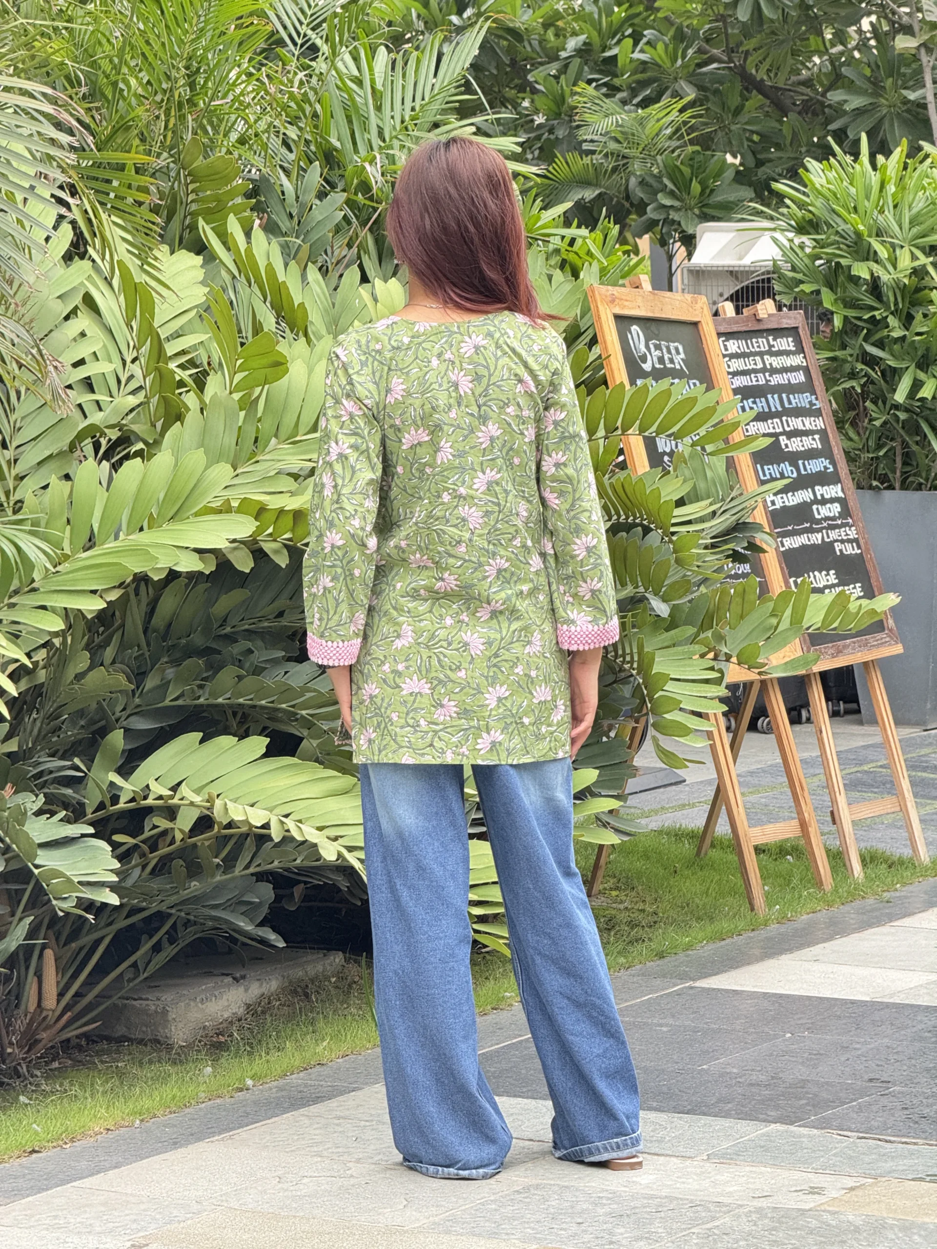 Olive Green Blossom Hand Block Printed Cotton Short Kurta 4 Olive Green Blossom Hand Block Printed Cotton Short Kurta