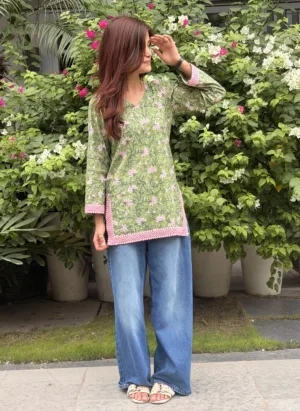 Olive Green Blossom Hand Block Printed Cotton Short Kurta