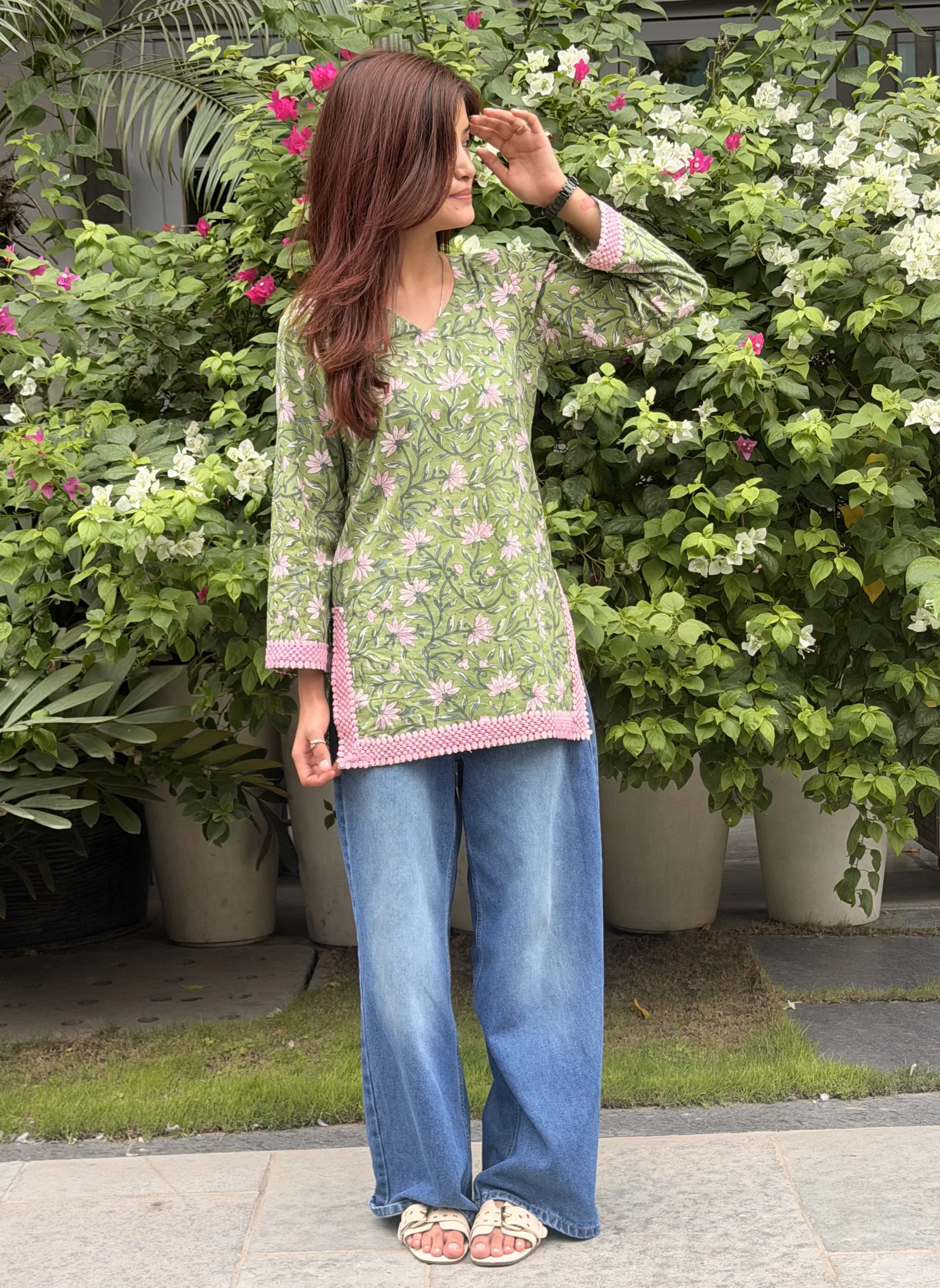Olive Green Blossom Hand Block Printed Cotton Short Kurta 2 Olive Green Blossom Hand Block Printed Cotton Short Kurta
