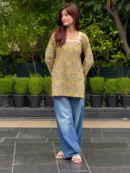 Mustard Blue Heritage Hand Block Printed Cotton Short Kurta