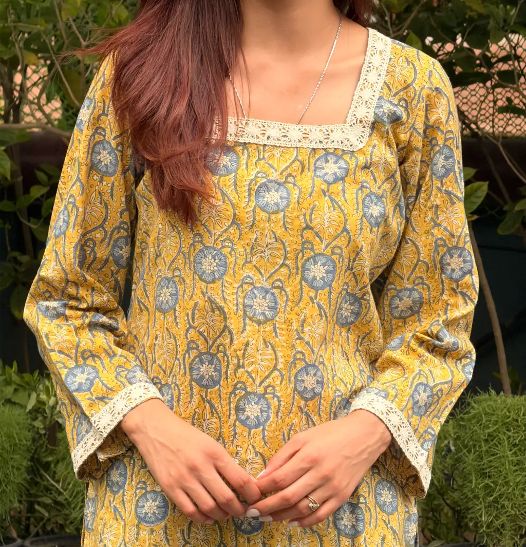 Mustard Blue Heritage Hand Block Printed Cotton Short Kurta 5 Mustard Blue Heritage Hand Block Printed Cotton Short Kurta - Image 5