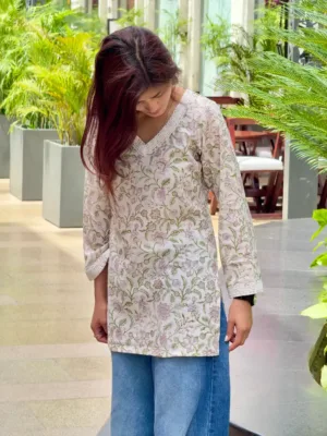 Off White Wildflower Hand Block Printed Cotton Short Kurta