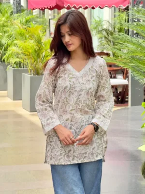 Off White Wildflower Hand Block Printed Cotton Short Kurta