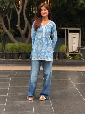 Sky Blue Botanica Hand Block Printed Cotton Short Kurta