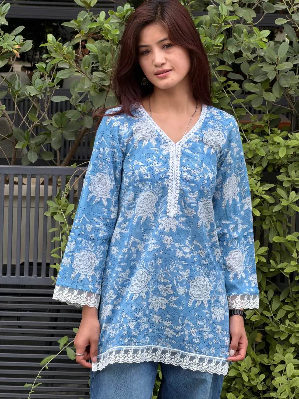Sky Blue Botanica Hand Block Printed Cotton Short Kurta 3 Sky Blue Botanica Hand Block Printed Cotton Short Kurta