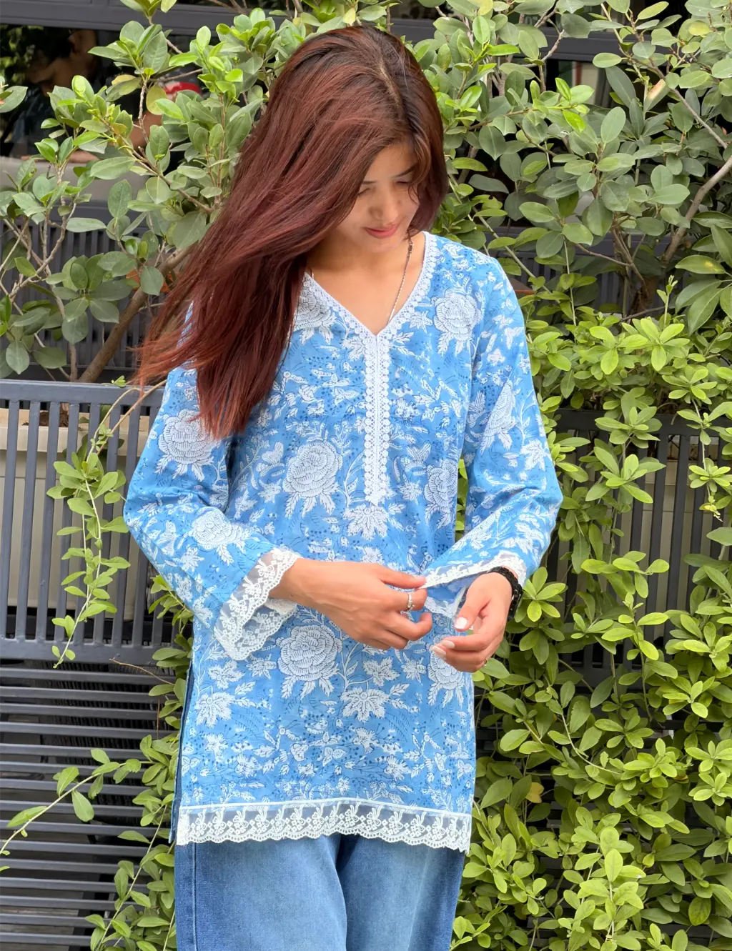 Sky Blue Botanica Hand Block Printed Cotton Short Kurta 5 Sky Blue Botanica Hand Block Printed Cotton Short Kurta
