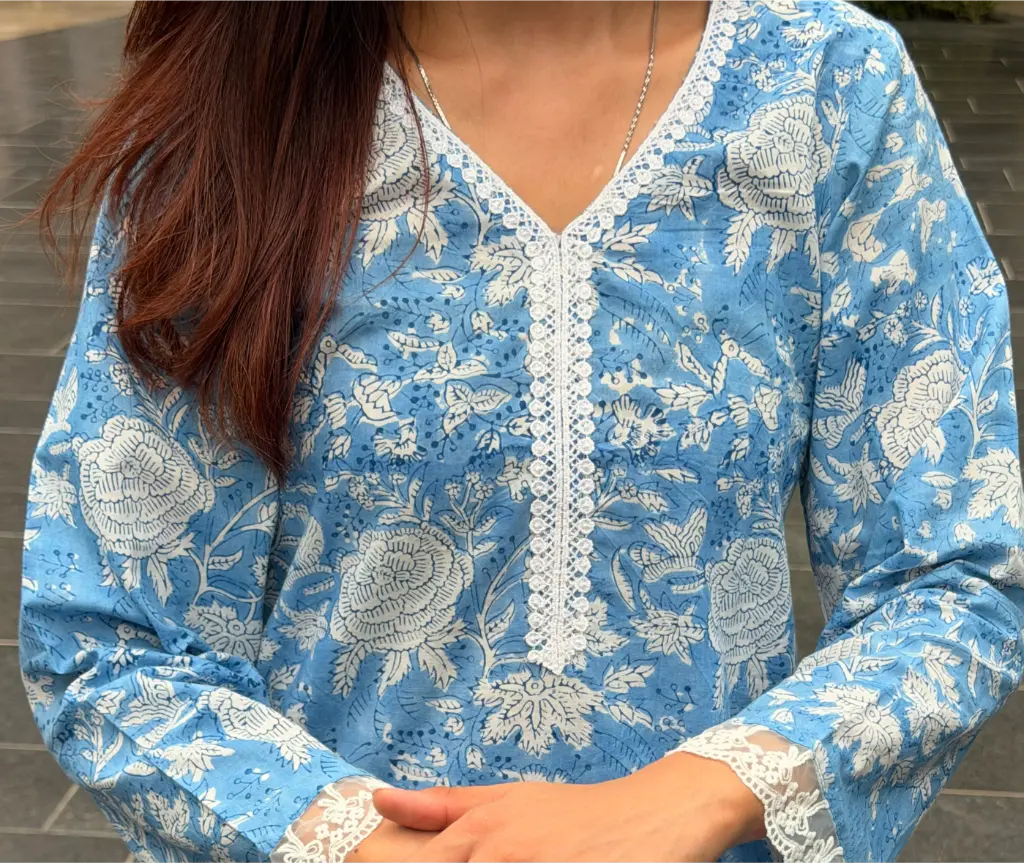Sky Blue Botanica Hand Block Printed Cotton Short Kurta 6 Sky Blue Botanica Hand Block Printed Cotton Short Kurta - Image 6