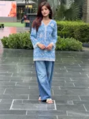 Sky Blue Botanica Hand Block Printed Cotton Short Kurta