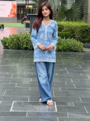 Sky Blue Botanica Hand Block Printed Cotton Short Kurta
